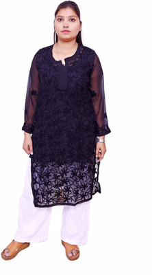 Ah creation Women Chikan Embroidery Ethnic Dress Kurta(Black)