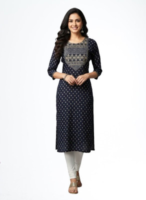 Frestyle Women Embroidered A-line Kurta(Dark Blue)