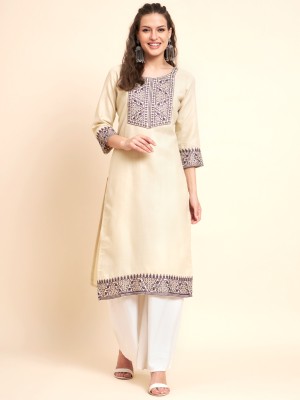 Sofisty Women Embroidered Straight Kurta(Beige)