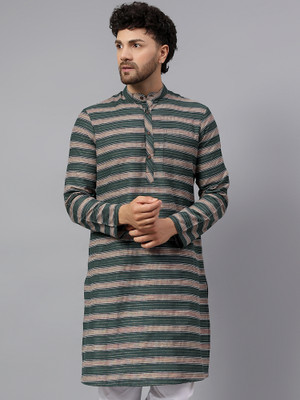 Latest Chikan Men Striped Straight Kurta(Green)