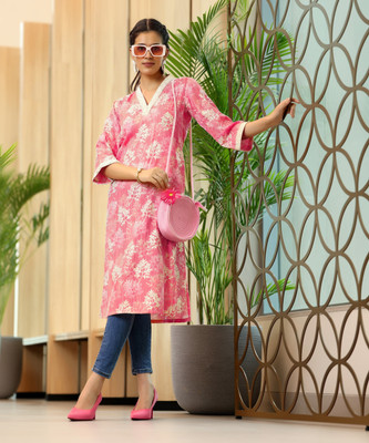 PRISCA Women Printed Straight Kurta(Pink)