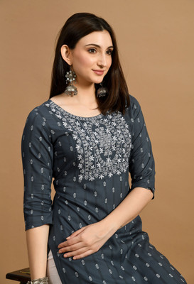 Glowworld Women Embroidered Straight Kurta(Grey)