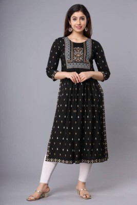 CHESTHA Women Printed Straight Kurta(Black, White)