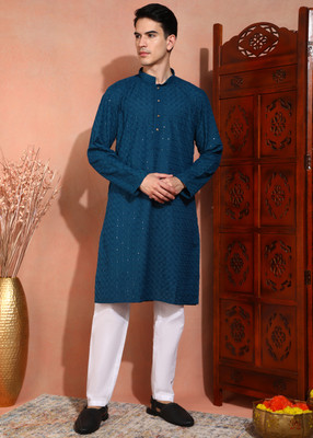 SWAGG INDIA Men Chikan Embroidery A-line Kurta(Dark Blue)