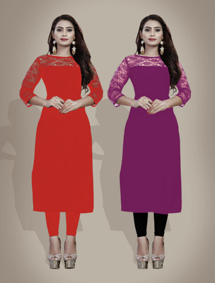 Maheshvi Women Solid, Self Design Straight Kurta(Purple)
