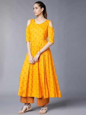 Vishudh Women Printed Anarkali Kurta(Yellow)