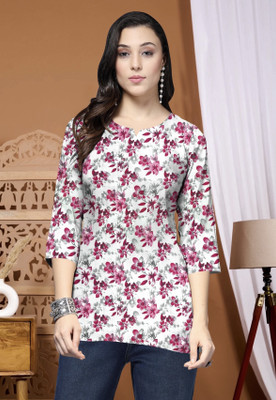 paushak fashion Women Floral Print Tunic Kurta(Pink, White)