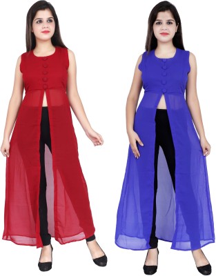 VESICLE Women Solid Frontslit Kurta(Maroon, Blue)