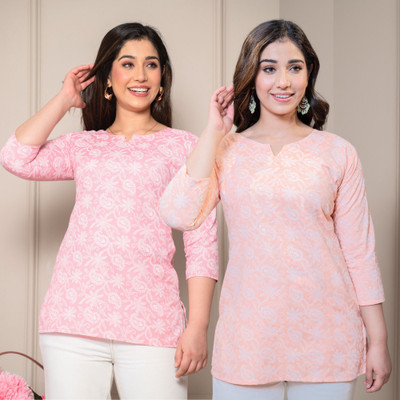 I N ENTERPRISES Women Floral Print Straight Kurta(Pink)