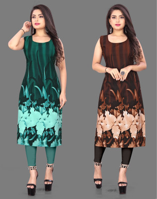 tanvi creation Women Printed Straight Kurta(Green, Brown)