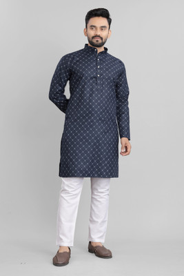SPOQUE Men Printed Straight Kurta(Dark Blue)