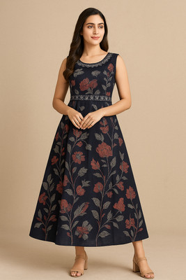 Vinnexa Women Embroidered, Floral Print Anarkali Kurta(Dark Blue)