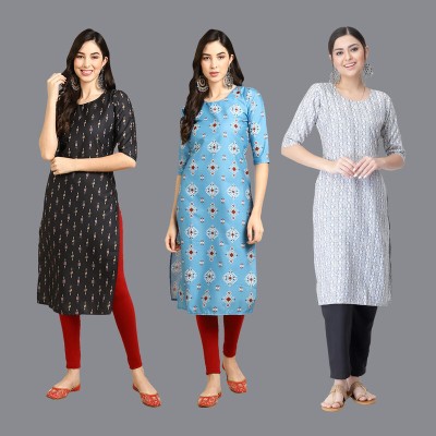 EthnicBasket Women Printed Straight Kurta(Black, Light Blue, Grey)