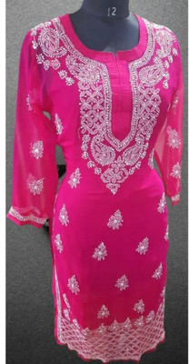 KKHENTPRS Women Chikan Embroidery Ethnic Dress Kurta(Pink)