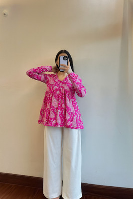 CLANGER Women Printed Flared Kurta(Pink)