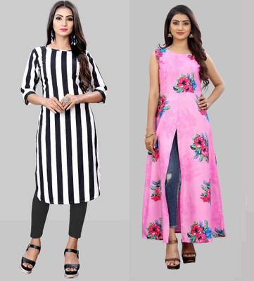 maruti fab Women Striped, Printed A-line Kurta(White)