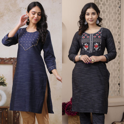 AuzaSho Collection Women Embroidered Straight Kurta(Multicolor)
