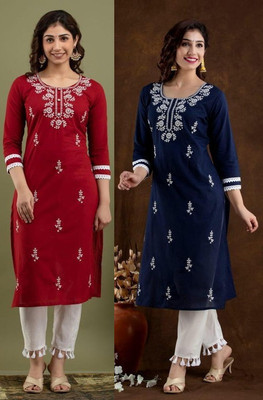 vikshi Women Embroidered Straight Kurta(Multicolor)