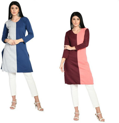 Indeweaves Women Solid Straight Kurta(Dark Blue, Maroon)
