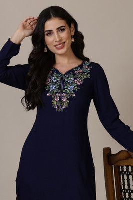 Aurelia Women Embroidered Straight Kurta(Blue)