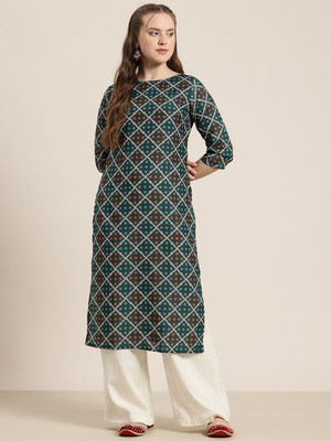 HERE&NOW Women Printed Straight Kurta(Green)