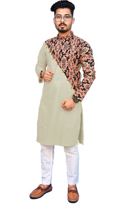 Rainbow Cloths Men Printed Straight Kurta(Beige)