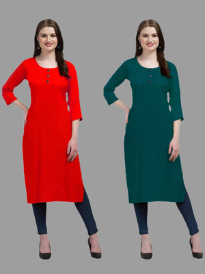 HOFC Women Solid Straight Kurta(Red, Dark Green)