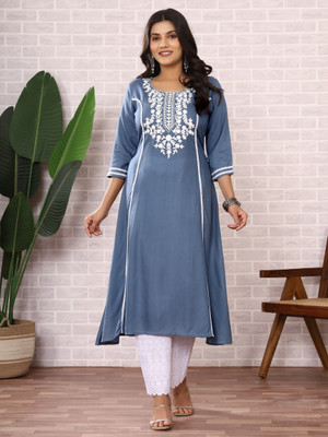 Siddiqa Creation Women Embroidered A-line Kurta(Blue)