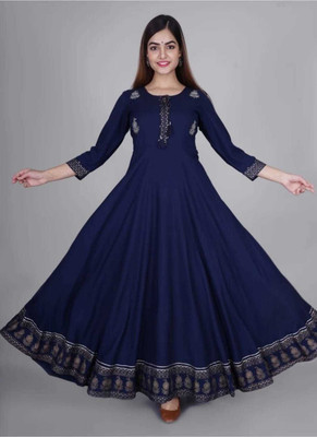 GMA Women Printed Flared Kurta(Blue)