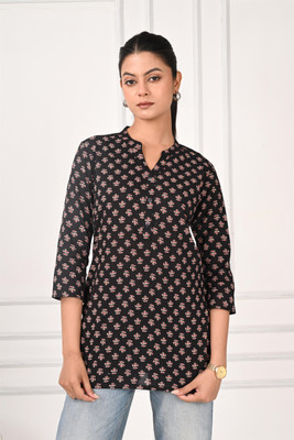 REAM Women Floral Print Straight Kurta(Black)