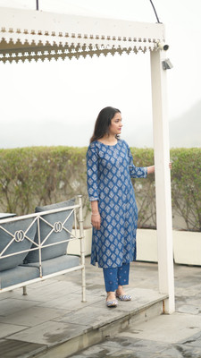 Jaipuri Bunaai Women Printed Straight Kurta(Blue)