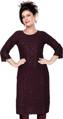 NMS Women Embellished Straight Kurta(Brown, Purple)