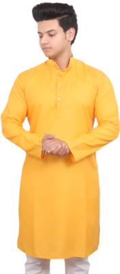 nithyaa fashions Men Self Design, Solid Straight Kurta(Yellow)