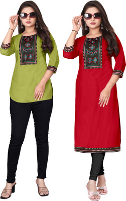 psmn Women Embroidered, Solid A-line Kurta(Red, Light Green)