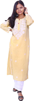 AHL Creation Women Chikan Embroidery A-line Kurta(Yellow)