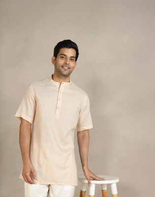 Fabindia Men Striped Straight Kurta(Beige)