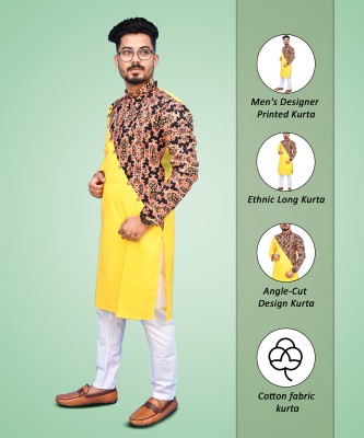 Rainbow Cloths Men Printed Ethnic Dress Kurta(Yellow)