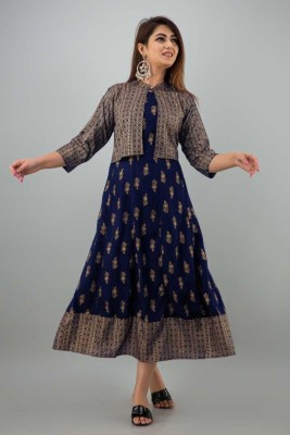 ANIERV Women Printed Anarkali Kurta(Blue)