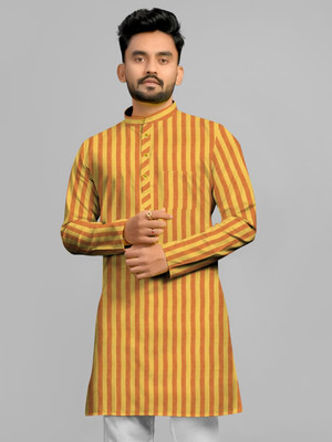 Afifa Collections Men Striped Straight Kurta(Yellow, Brown)