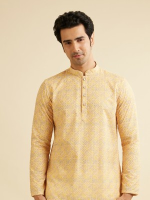 MANYAVAR Men Printed Straight Kurta(Yellow)