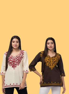 ILMA CREATION Women Chikan Embroidery Straight Kurta(Gold)