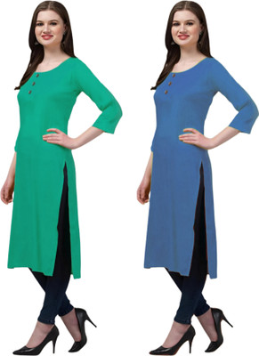 Coft Women Solid Straight Kurta(Green, Blue)