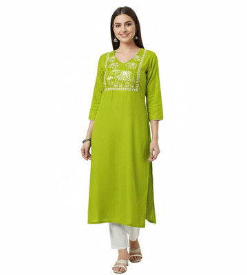 Frestyle Women Embroidered A-line Kurta(Light Green)