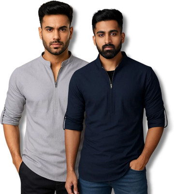 ClothTheory Men Solid Straight Kurta(Grey, Dark Blue)