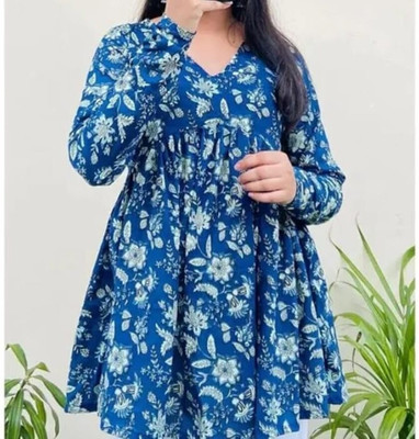RITU FASHION Women Floral Print Flared Kurta(Blue)
