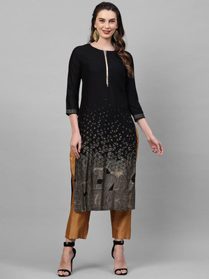 ANOUK Women Abstract Straight Kurta(Black)