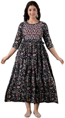 Viyu Creations Women Floral Print Anarkali Kurta(Black)