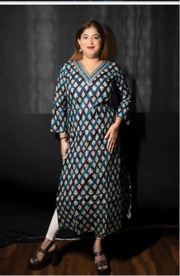HH FASHIONS Women Block Print A-line Kurta(Dark Blue)