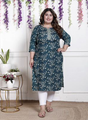 akritik Women Printed Straight Kurta(Dark Blue)