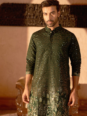 Jompers Men Embroidered Straight Kurta(Green)